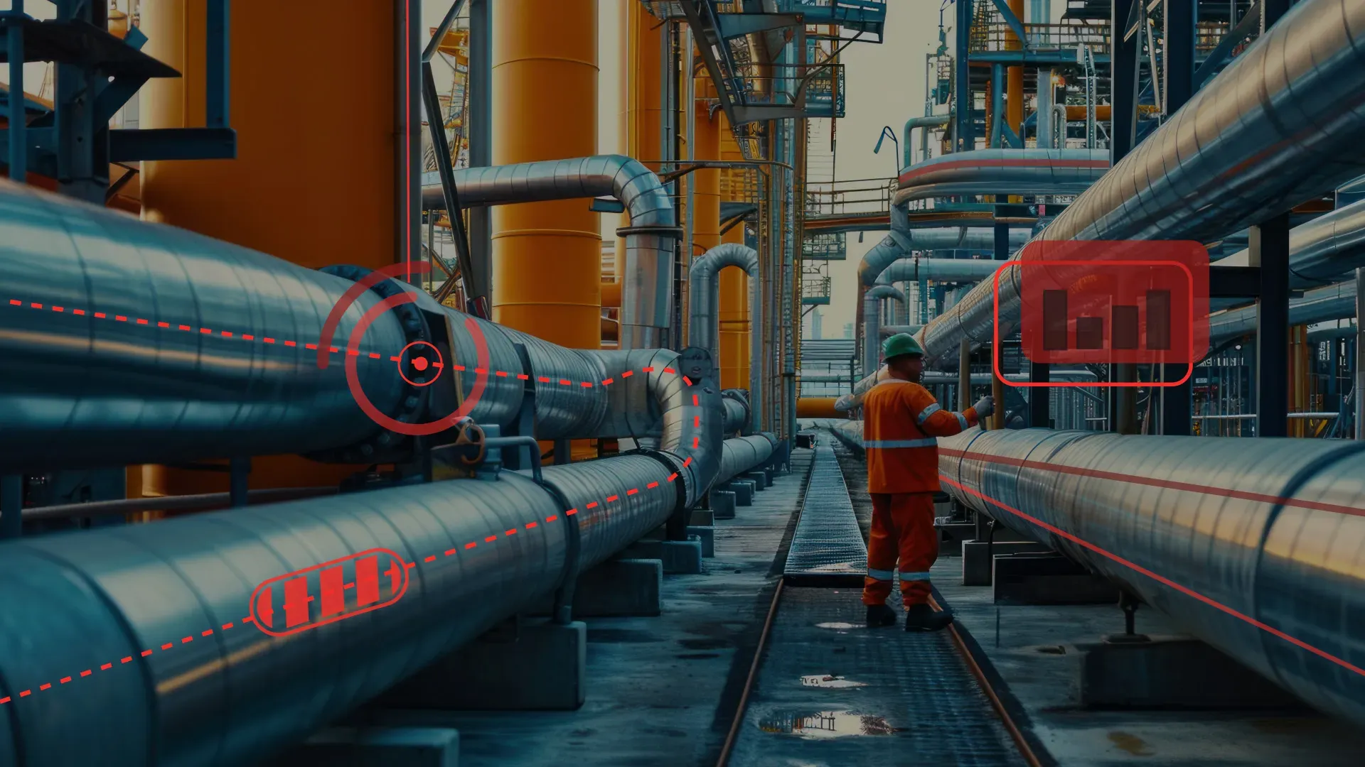 Merkbeeld van Coretecs: een technicus tussen industriële leidingen, met datavisualisaties over het beeld