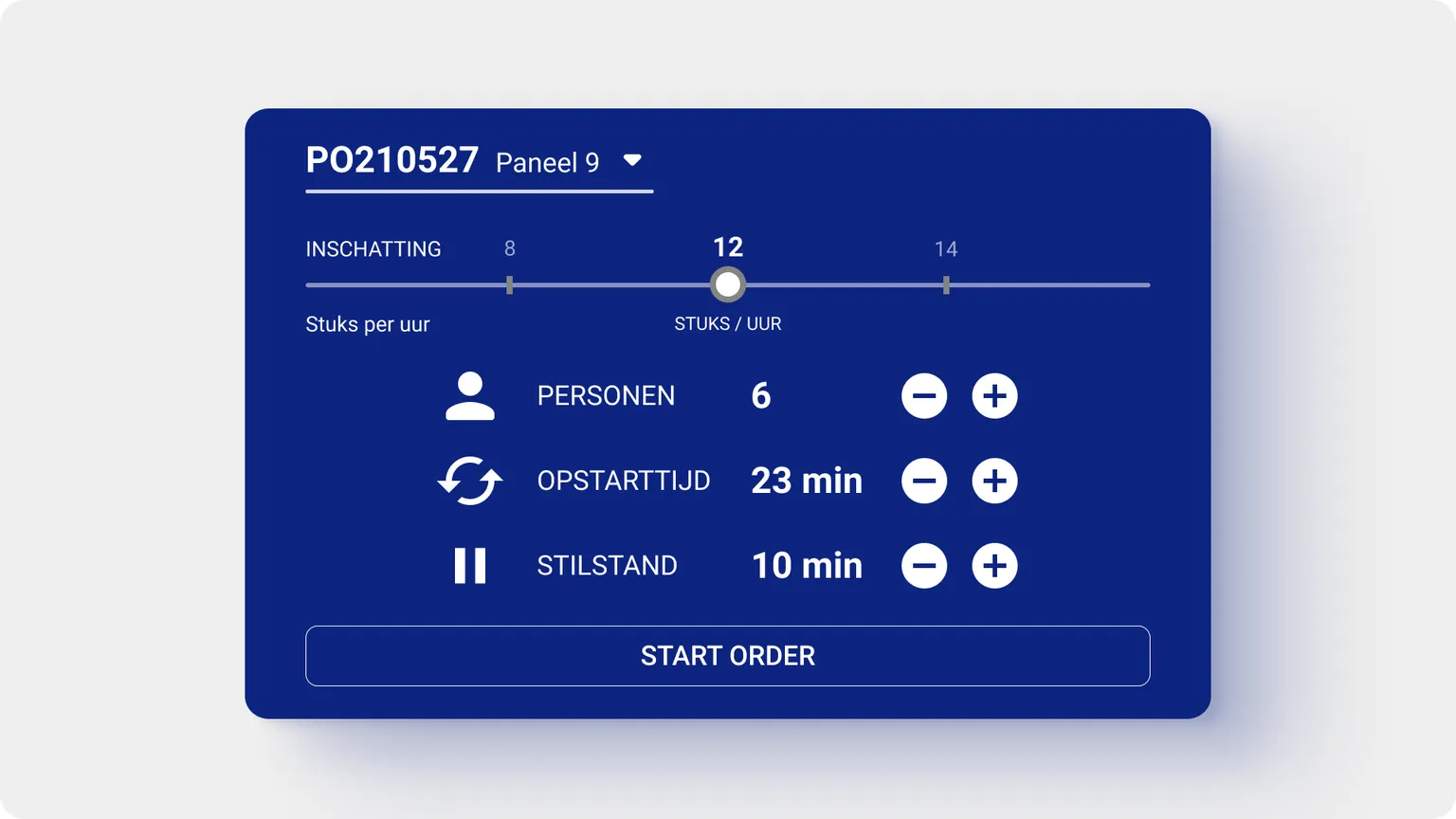 Het startscherm van een order: een schuifregelaar voor de inschatting in stuks per uur, met daaronder het aantal personen, de opstarttijd en de stilstand