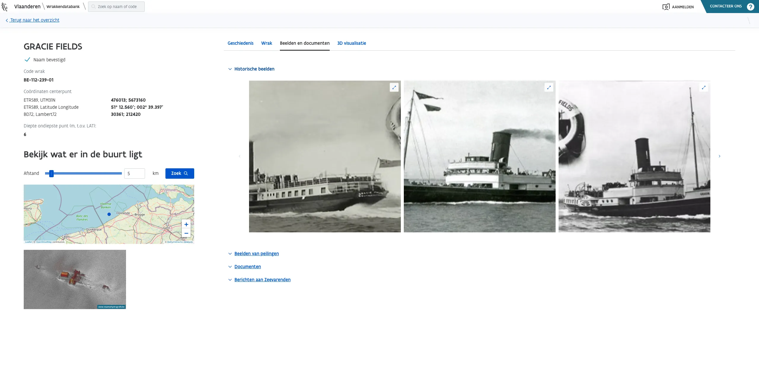 Historische foto's van het stoomschip Gracie Fields in de detailpagina van de wrakkendatabank